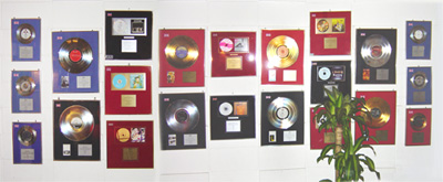 gold discs on wall